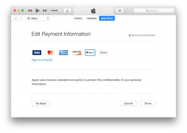 В App Store и iTunes появилась возможность оплаты с помощью PayPal