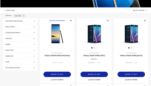 Samsung случайно добавила Galaxy Note 8 в свой онлайн-магазин