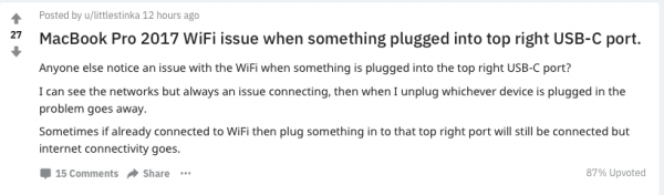 У MacBook Pro 2017 не работает Wi-Fi из-за USB-C