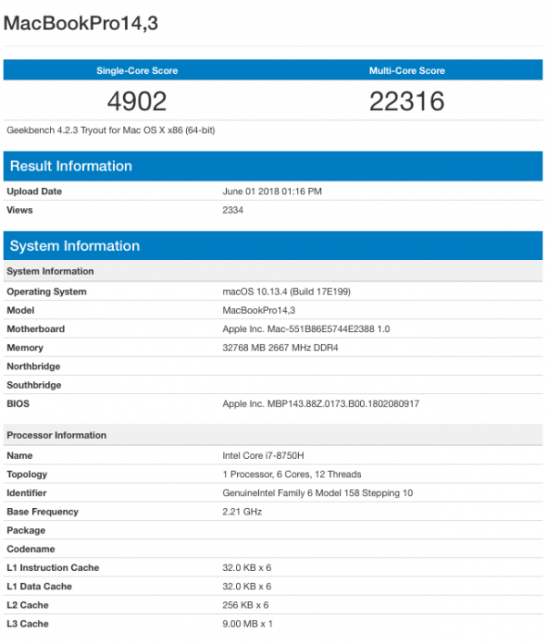 Результаты тестов намекают: MacBook Pro получит шести-ядерный процессор Intel Core i7-8750H